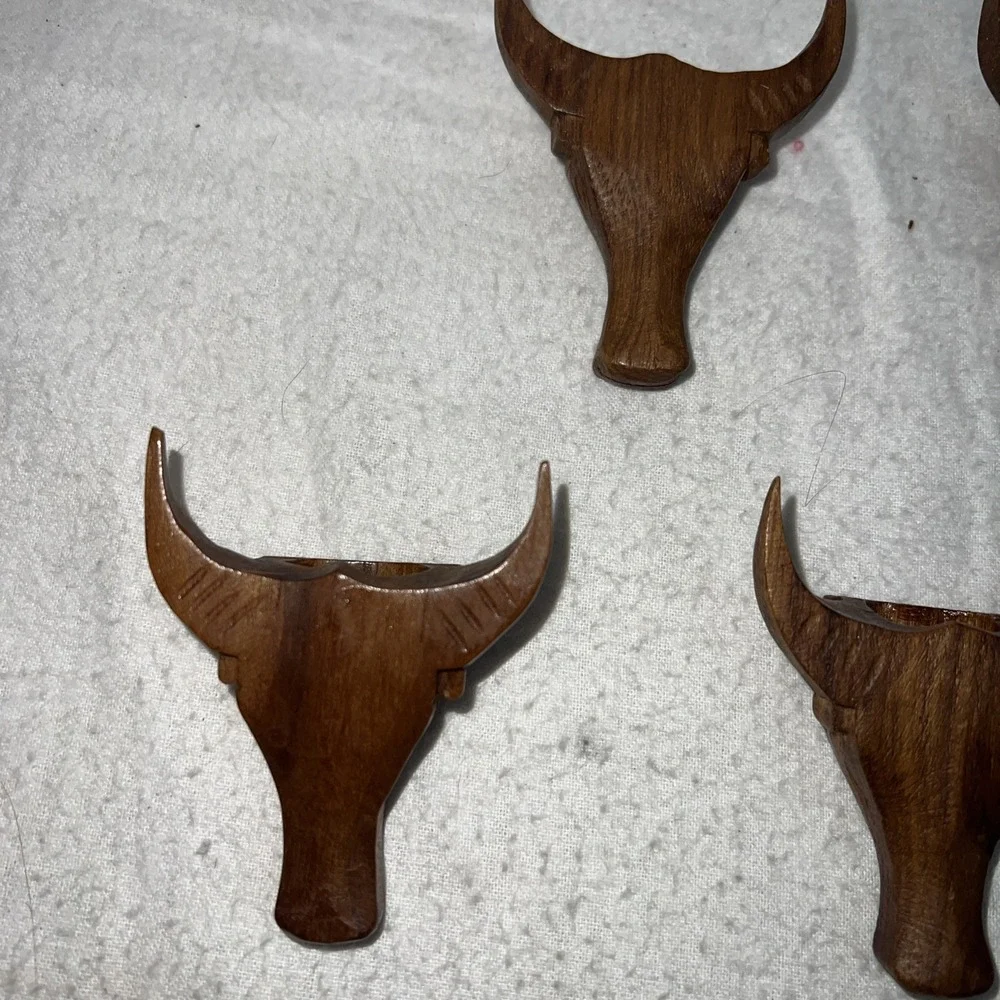 Vintage Hand Carved Wood Bull Steer Head Napkin Rings Western Set of 9 Brown